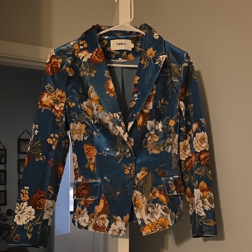 Brand New  Floral Velvet Blazer in Blue and Orange